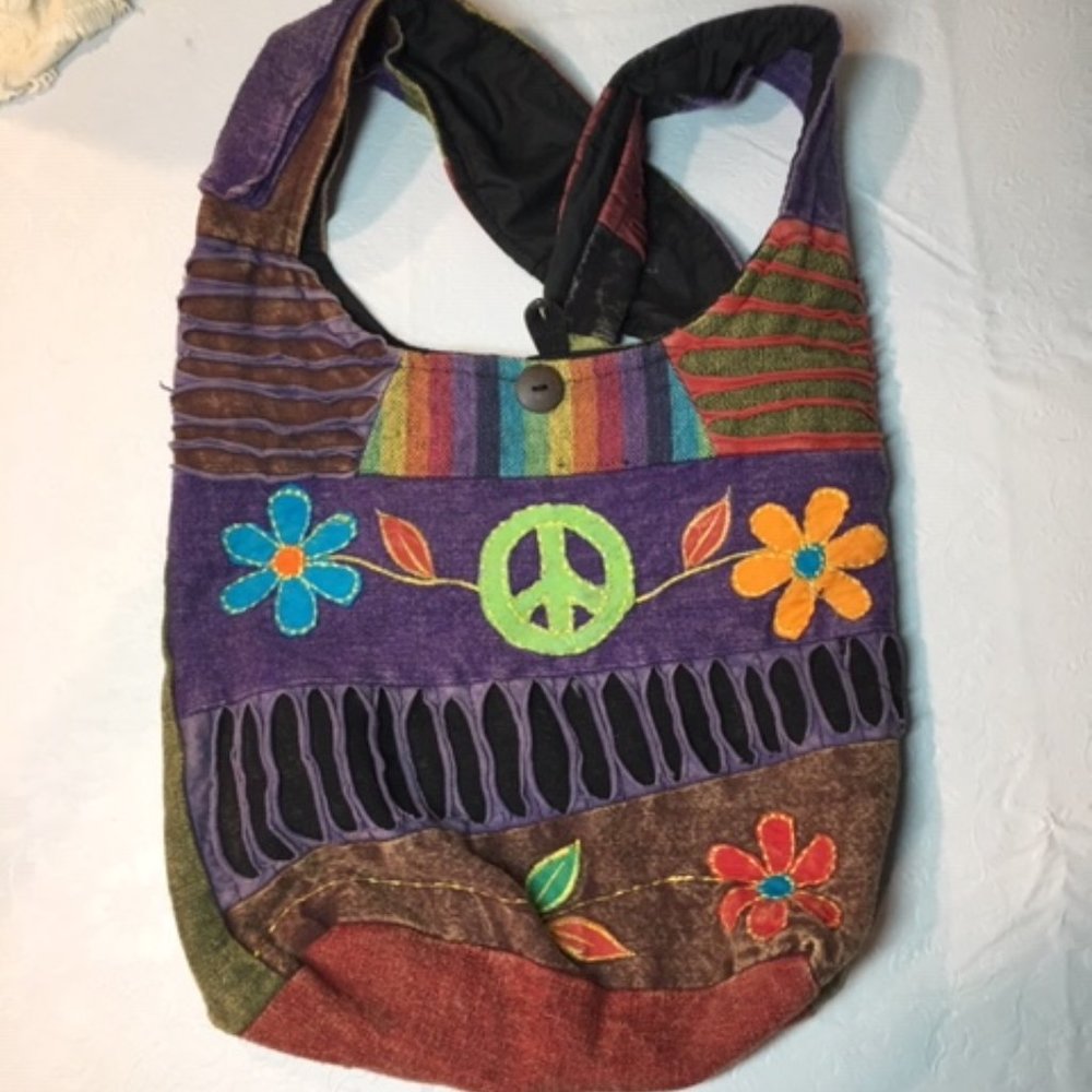 Lg PEACE Floral Multi-Colored HOBO Cotton Hippie Shoulder Bag From Nepal